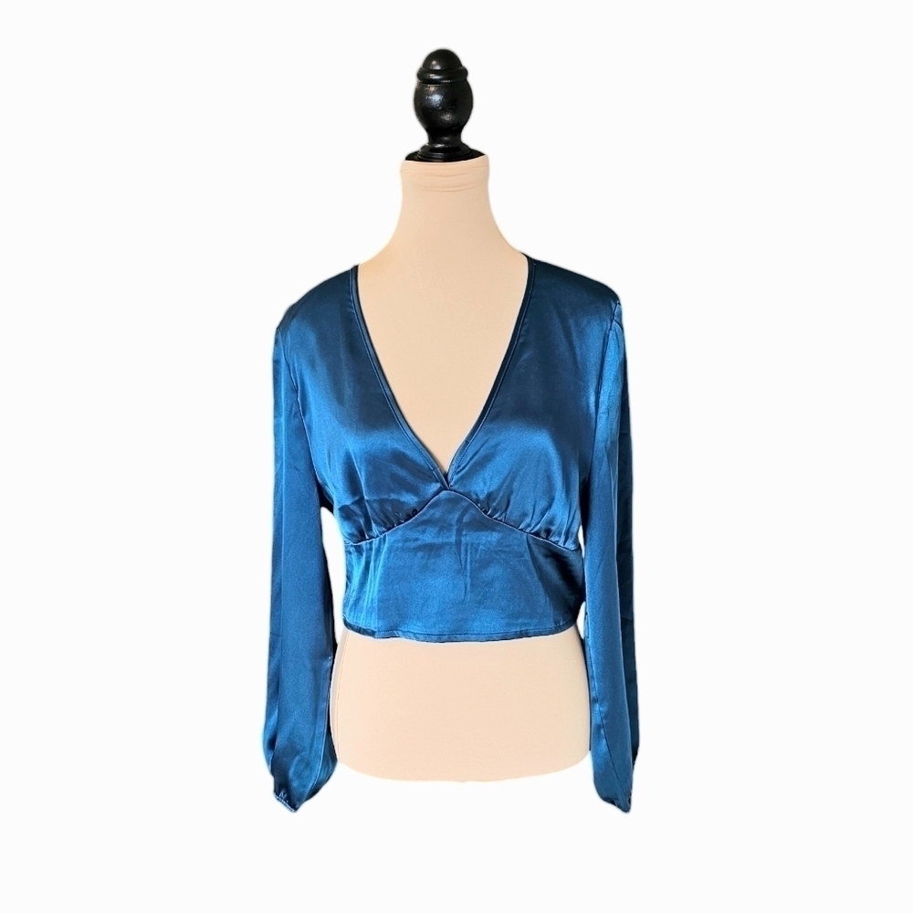 House of Harlow Satin Deep Blue Cropped Long Sleeve Top Sz L